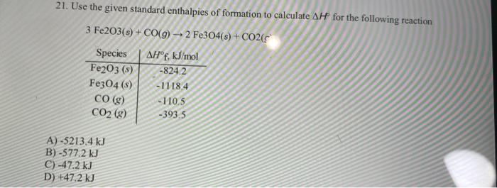Solved 21. Use the given standard enthalpies of formation to | Chegg.com