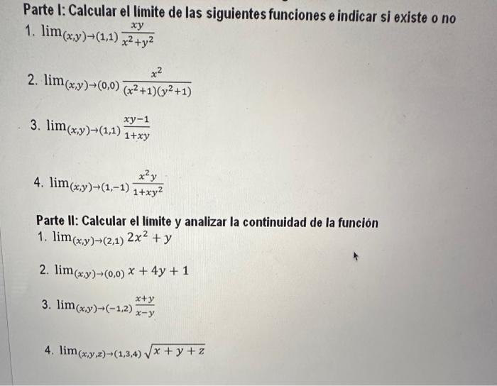 1. \( \lim _{(x, y) \rightarrow(1,1)} \frac{x y}{x^{2}+y^{2}} \) 2. \( \lim _{(x, y) \rightarrow(0,0)} \frac{x^{2}}{\left(x^{