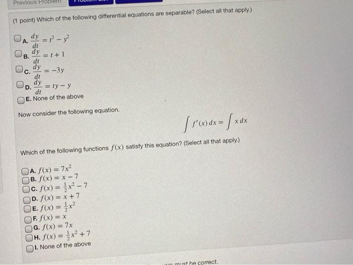 Solved Previous Proble (1 point) Which of the following | Chegg.com