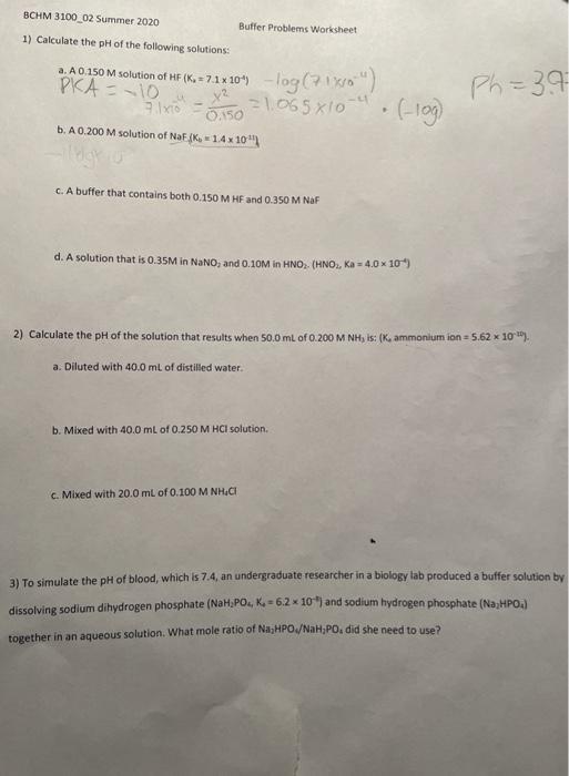 Solved SCHM 3100_02 Summer 2020 Buffer Problems Worksheet 1)