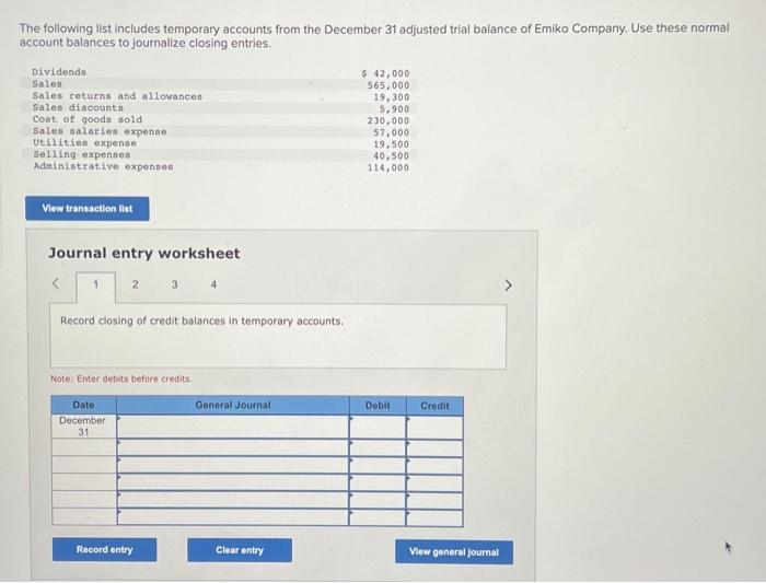 Solved Journal Entry Worksheet Record Closing Of Debit | Chegg.com