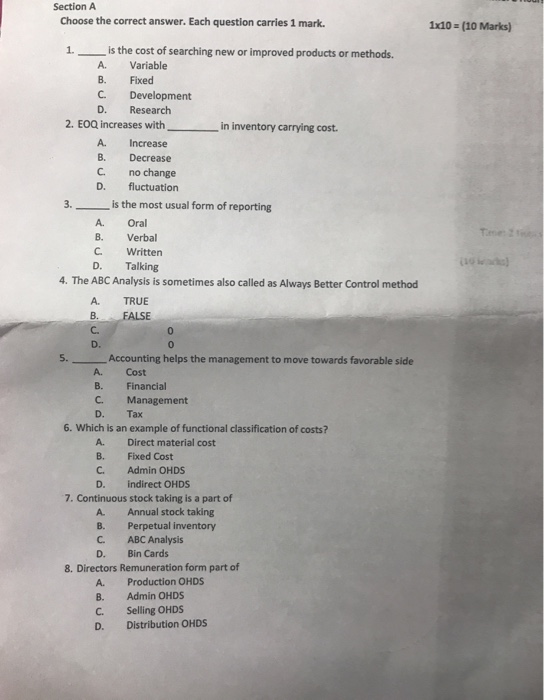 Solved Section A Choose the correct answer. Each question | Chegg.com