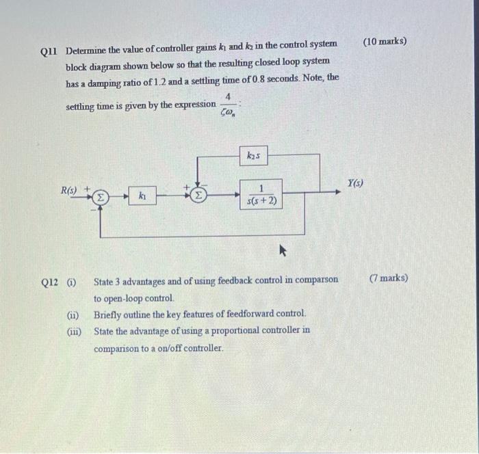 Solved Q11 Determine the value of controller gains k1 and k2 | Chegg.com