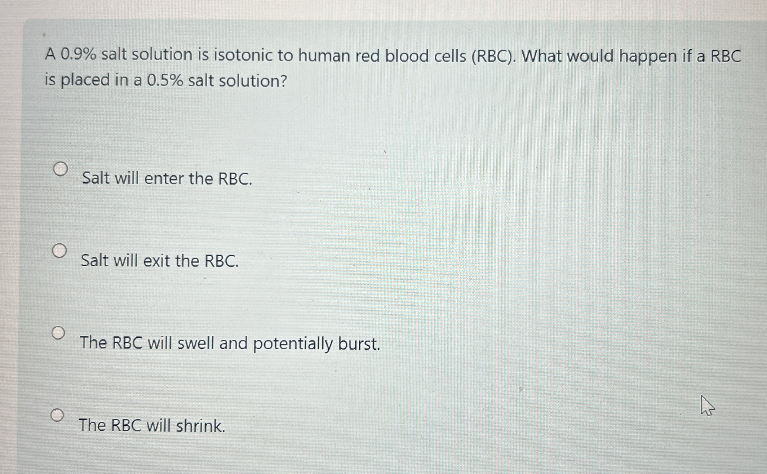 Solved A 0.9% ﻿salt solution is isotonic to human red blood | Chegg.com