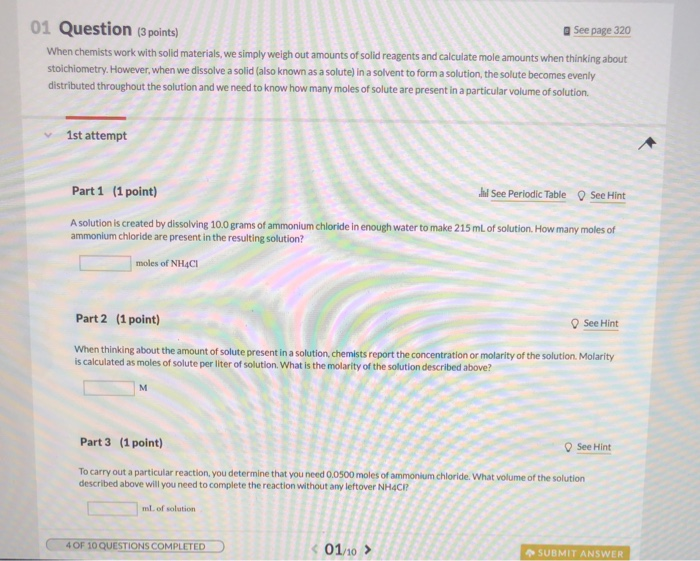 Solved 01 Question (3 points) See page 320 When chemists | Chegg.com