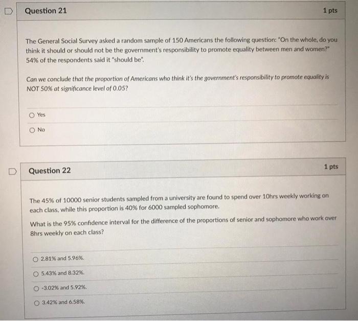 Solved Question 21 1 pts The General Social Survey asked a | Chegg.com