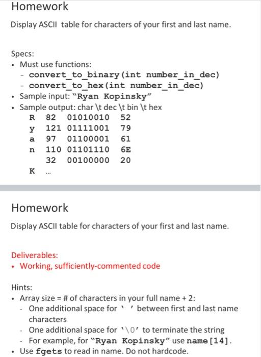 Solved Homework Display ASCII table for characters of your | Chegg.com