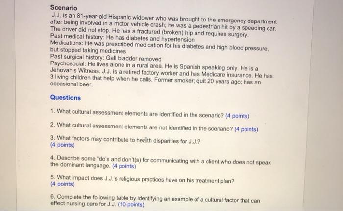 Scenario J.J. is an 81-year-old Hispanic widower who was brought to the emergency department after being involved in a motor