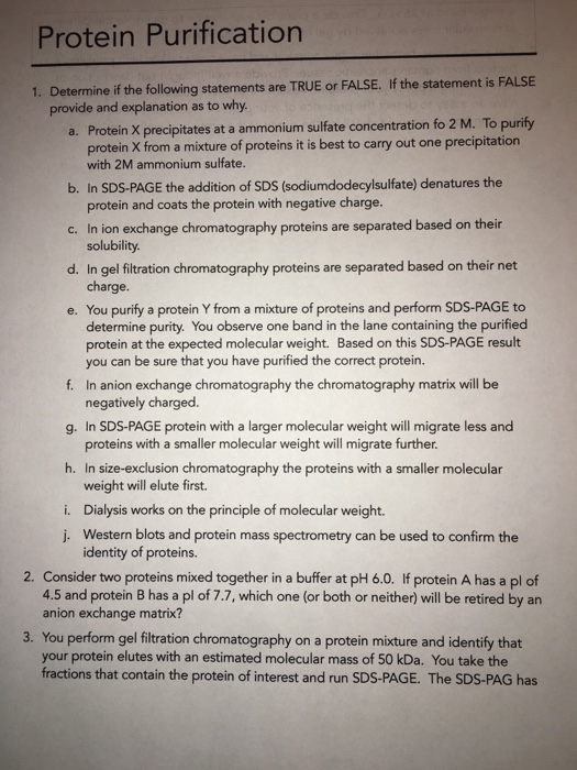 Solved Protein Purification Determine If The Following Chegg Com