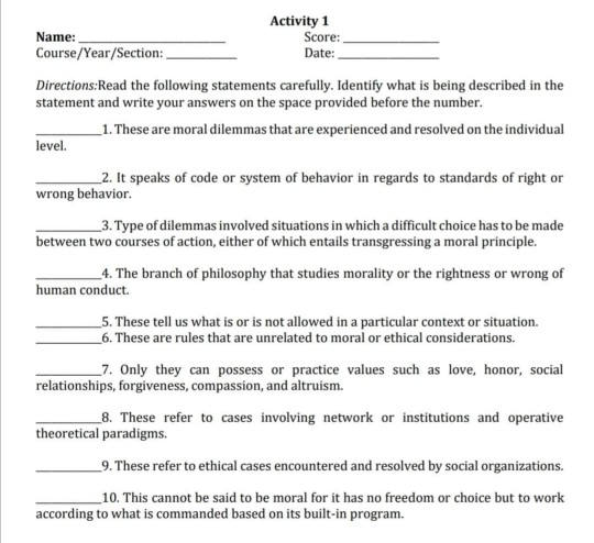 Solved Activity 1 Name: Score: Course/Year/Section: Date: | Chegg.com