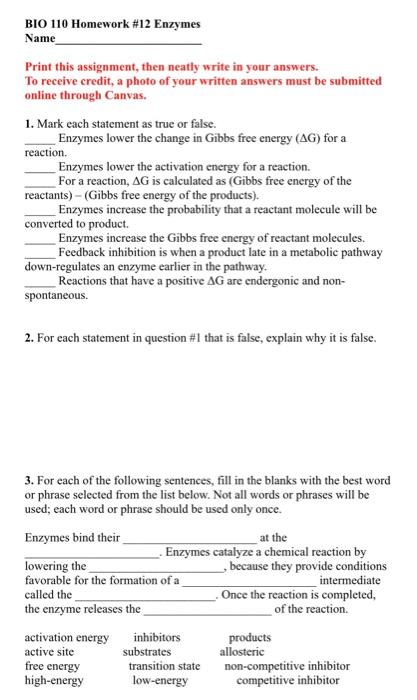 Solved BIO 110 Homework #12 Enzymes Name Print this | Chegg.com