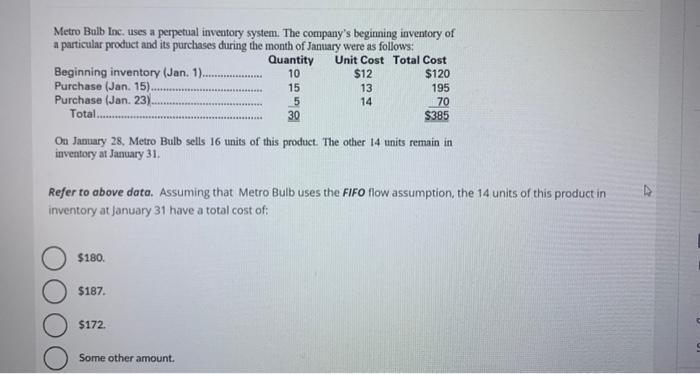 Solved Metro Balb lnc. uses a perpetual inventory system. | Chegg.com