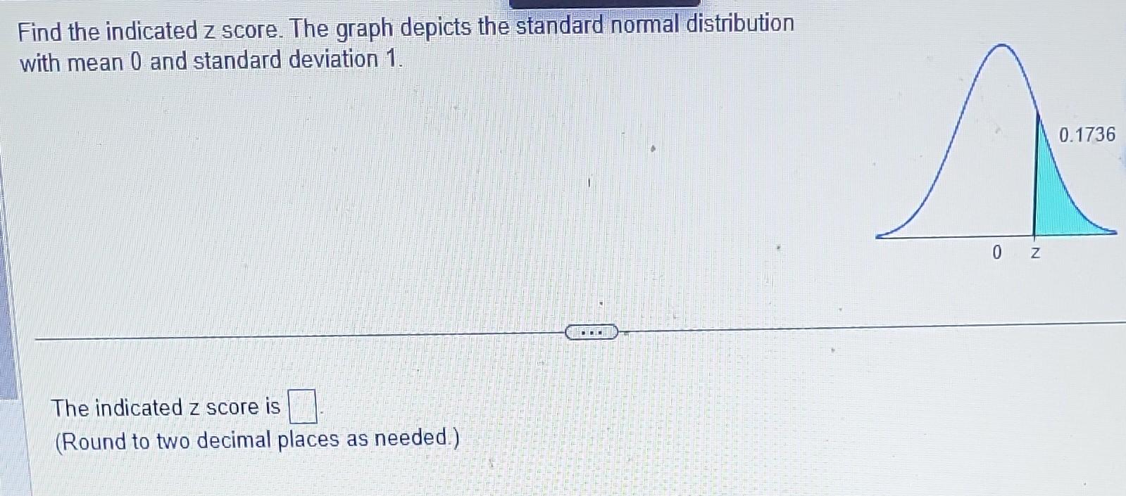 Find the indicated z score. The graph depicts the standard normal distribution with mean 0 and standard deviation 1 .
The ind