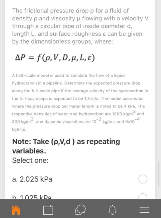 Solved The frictional pressure drop p for a fluid of density | Chegg.com
