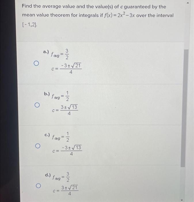 Solved Find the average value and the value(s) of c | Chegg.com