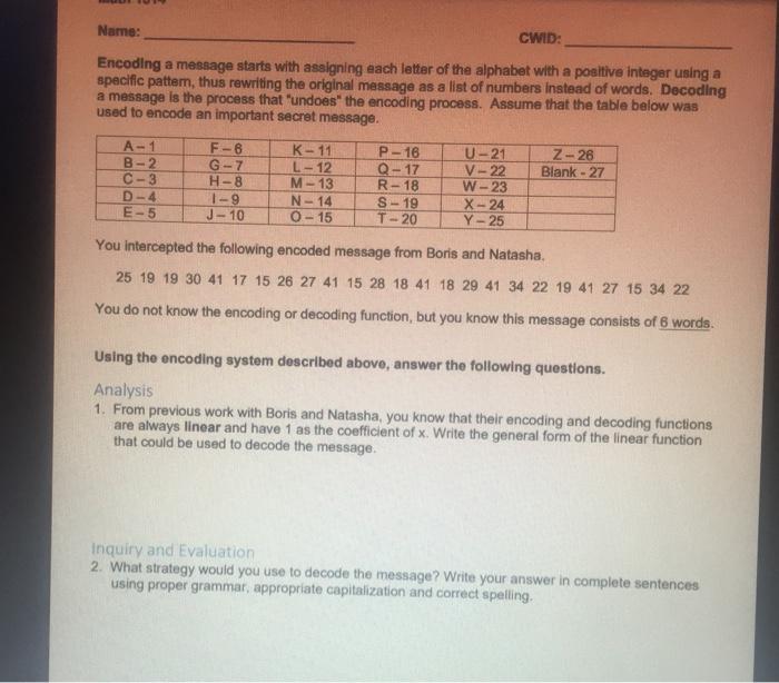Solved Name Cwid Encoding A Message Starts With Assigni Chegg Com