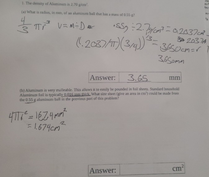 1 The Density Of Aluminum Is 2 70 G Cm A What Is Chegg 