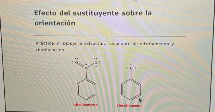 Efecto del sustituyente sobre la orientación Práctica 7: Dibuje la estructura resonante de nitrobenceno y clorobenceno.