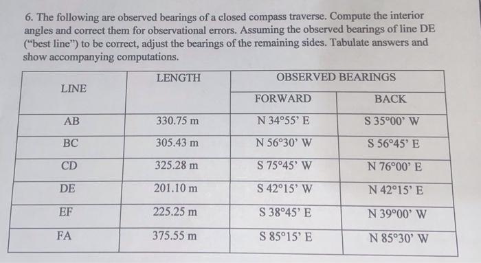 Solved 6. The Following Are Observed Bearings Of A Closed | Chegg.com