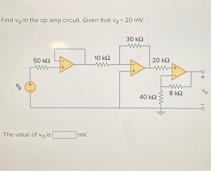 Solved Find vo in the op amp circuit. Given that vs = 20 mV.