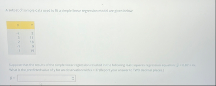 Solved A subset of sample data used to fit a simple linear | Chegg.com
