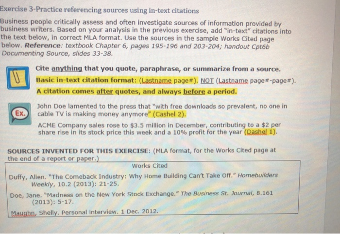 Exercise 3 Practice Referencing Sources Using In text Chegg