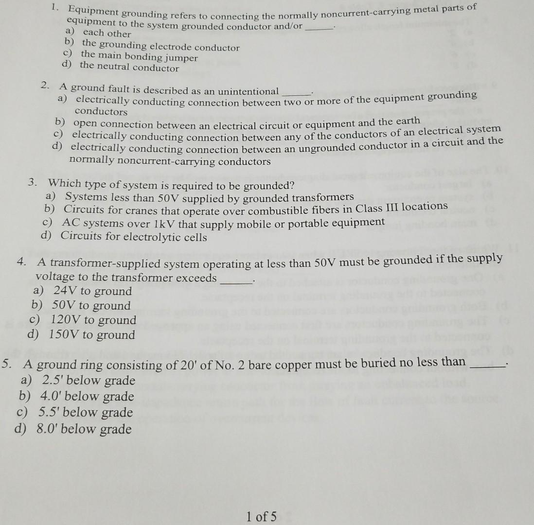 Solved 1. Equipment grounding refers to connecting the | Chegg.com