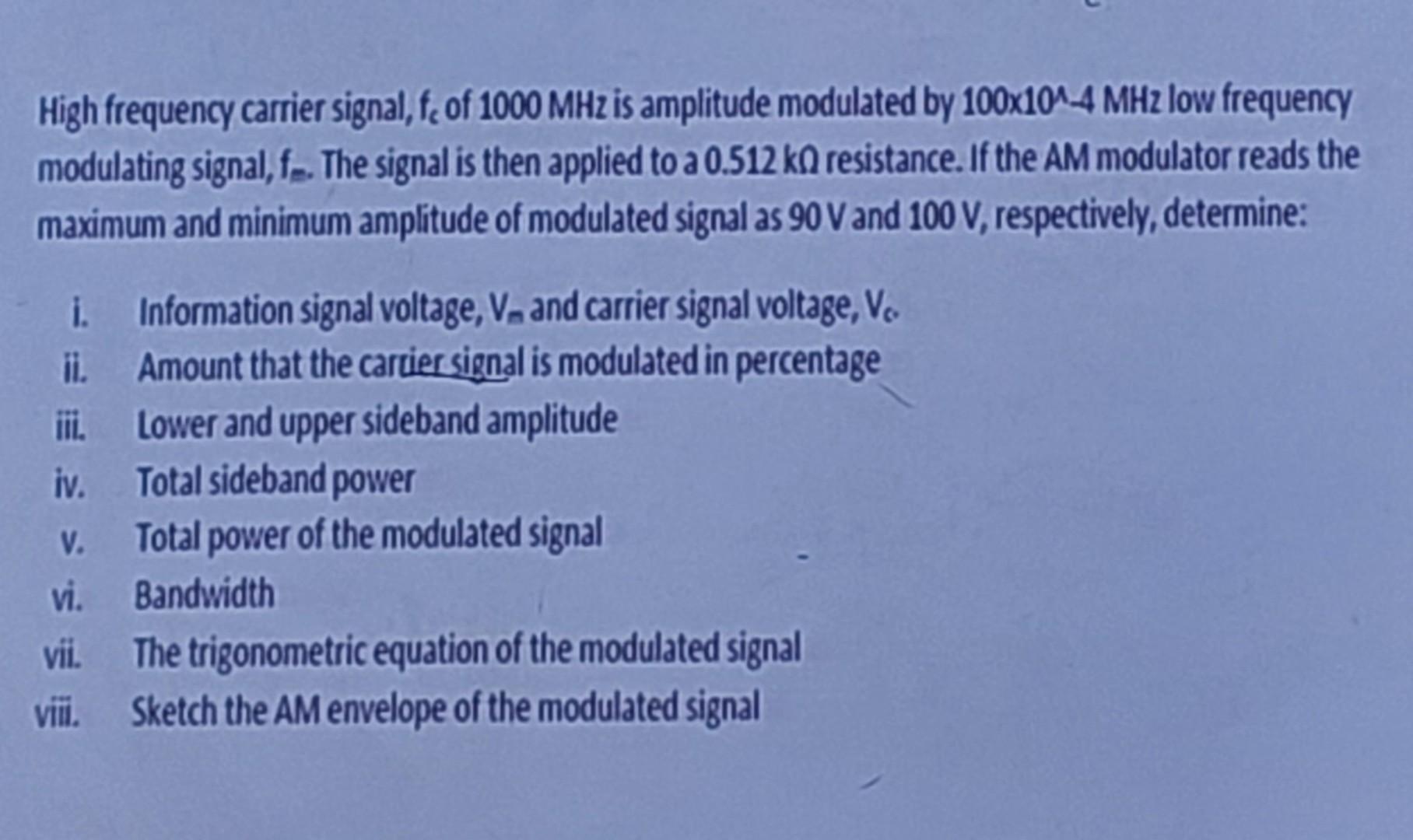 Solved High frequency carrier signal, fc of 1000MHz is | Chegg.com