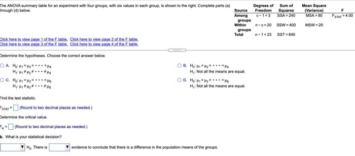 Solved The ANOVA summary table for an experiment with four | Chegg.com