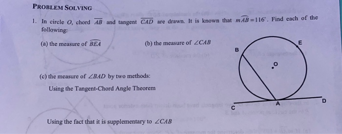 Solved PROBLEM SOLVING 1. In circle o, chord AB and tangent | Chegg.com