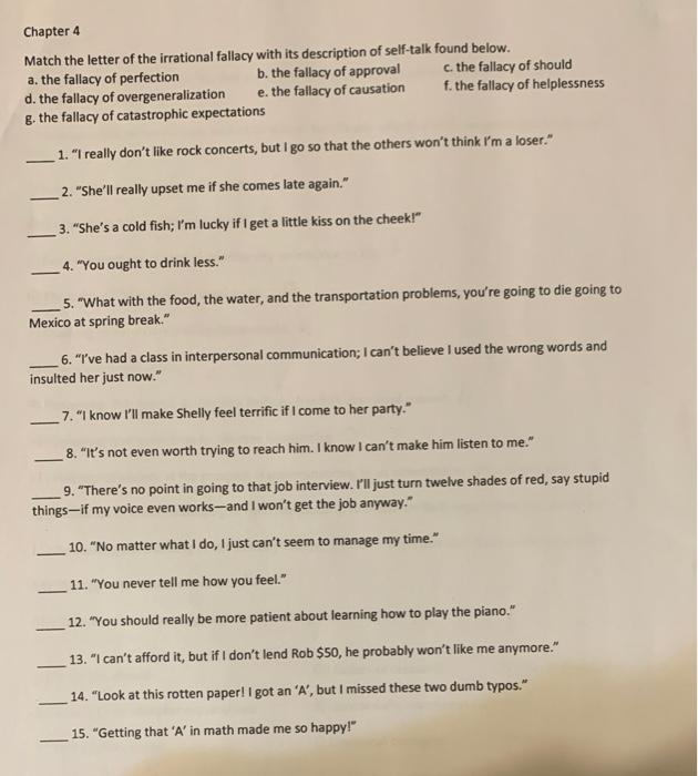 Solved Chapter 4 Match the letter of the irrational fallacy | Chegg.com