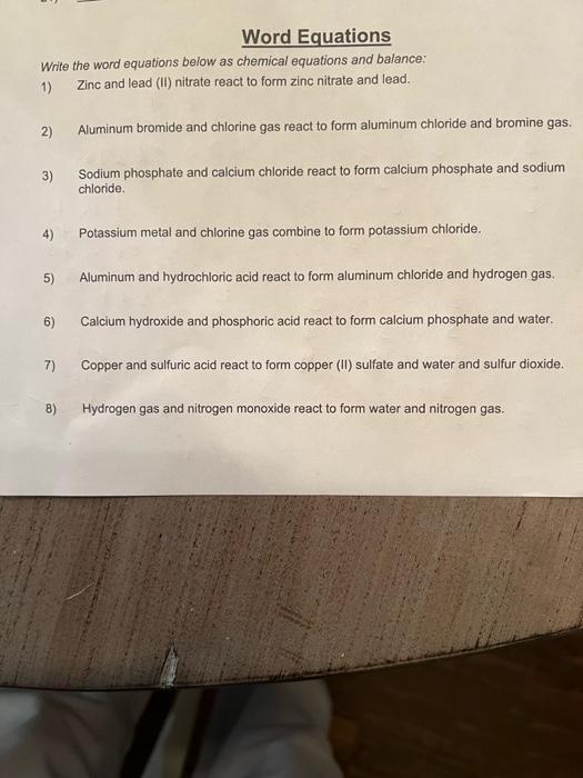 Solved Word Equations Write the word equations below as