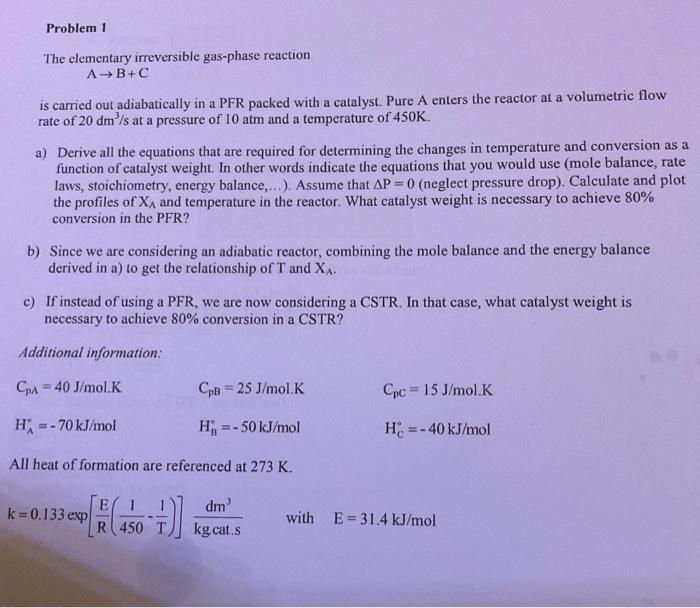 Solved Problem 1 The elementary irreversible gas-phase | Chegg.com