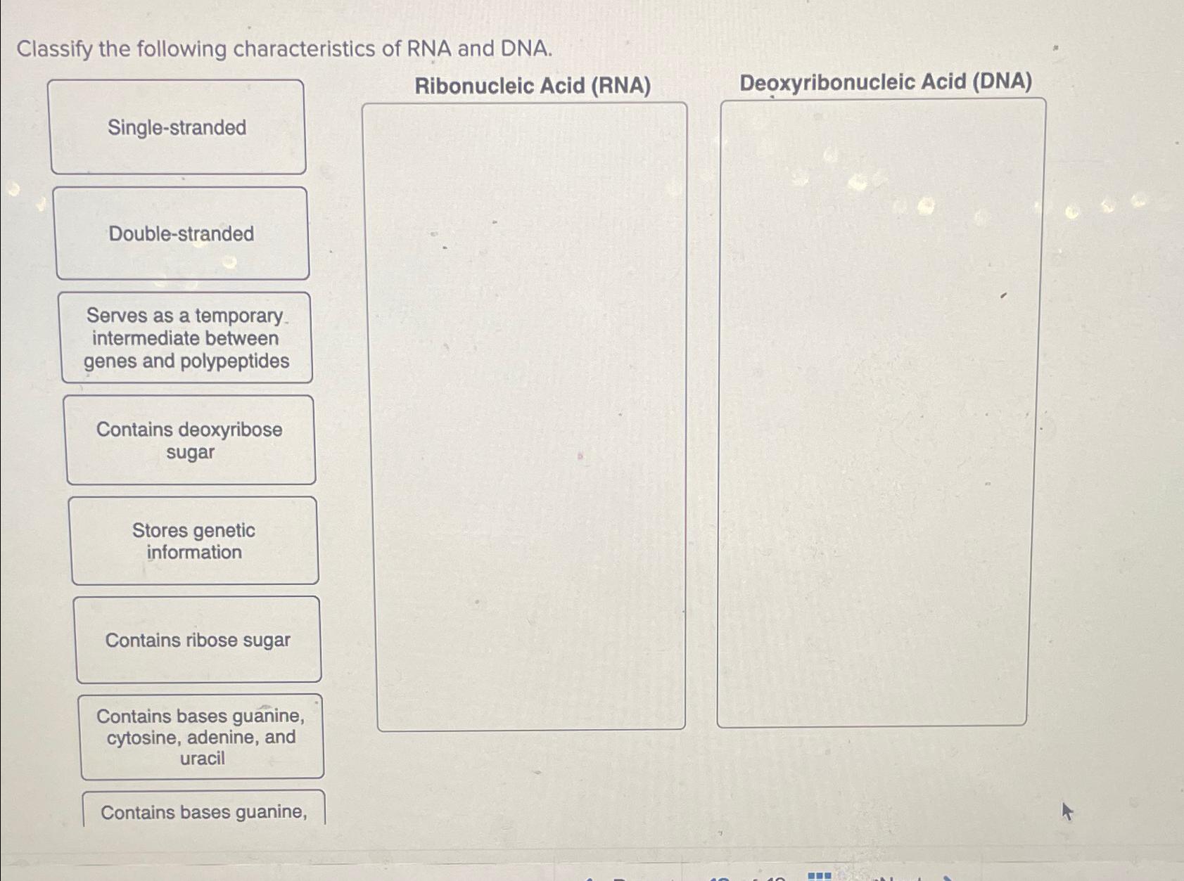 Solved Classify the following characteristics of RNA and | Chegg.com