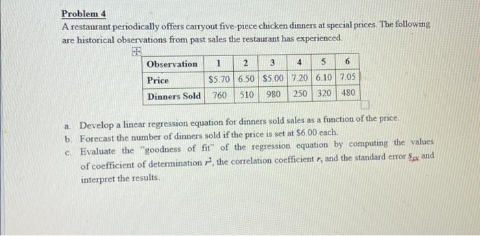 Solved Problem 4 A restaurant periodically offers carryout | Chegg.com