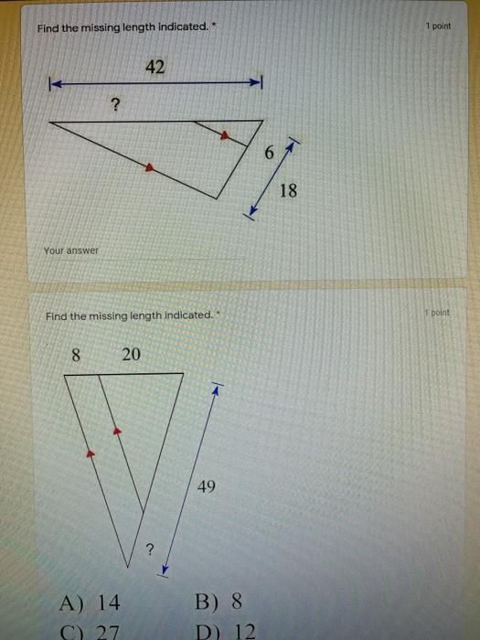 geometry assignment find the missing length indicated