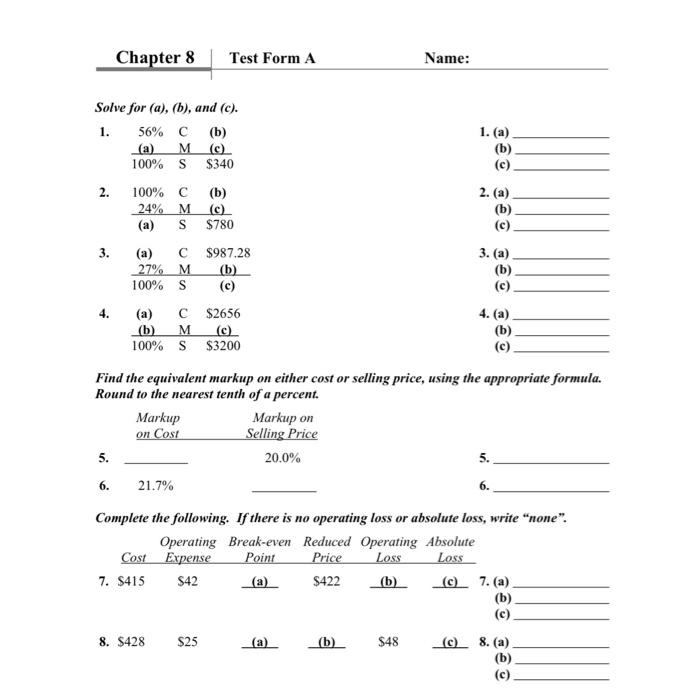 Solved Chapter 8 Test Form A Name Solve For a b And Chegg