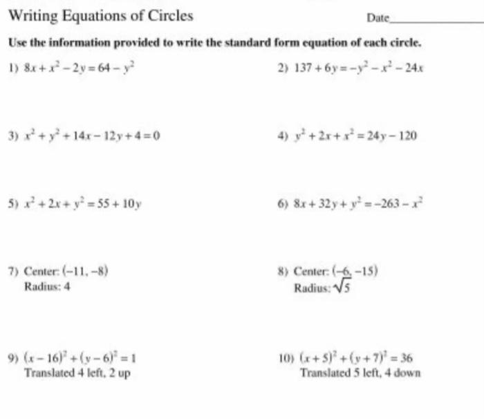 Solved Writing Equations Of Circles Date Use The Information 5244