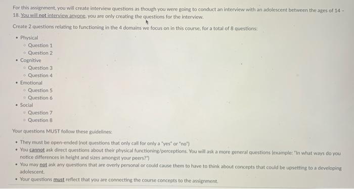 Solved For this assignment you will create interview Chegg