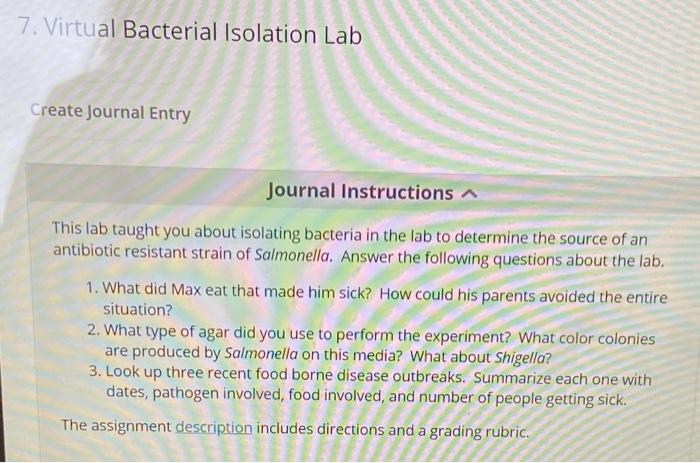 Solved 7. Virtual Bacterial Isolation Lab Create Journal | Chegg.com