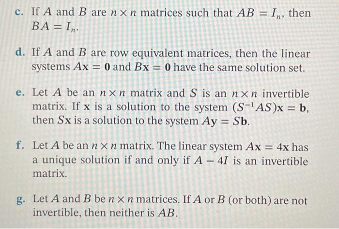 Solved c. If A and B are n n matrices such that AB In then