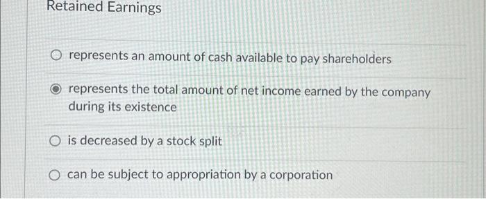 Solved Retained Earnings O Represents An Amount Of Cash | Chegg.com