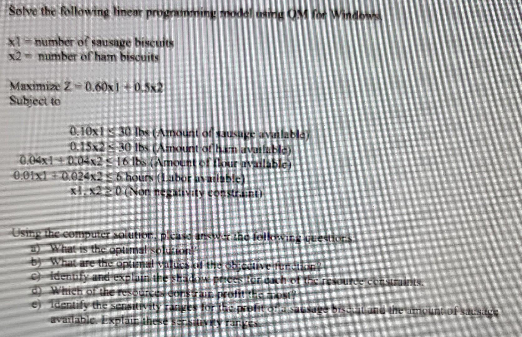 Solved Solve The Following Linear Programming Model Using ON | Chegg.com