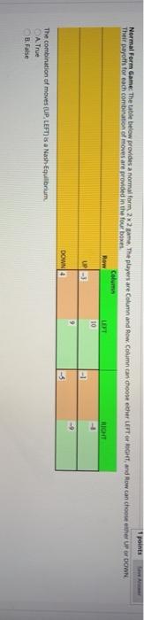 Solved 1 points Normal Form Game: The table below provides a | Chegg.com