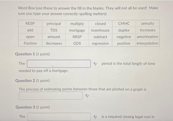 Solved Word Box (use these to answer the fill in the blanks. | Chegg.com
