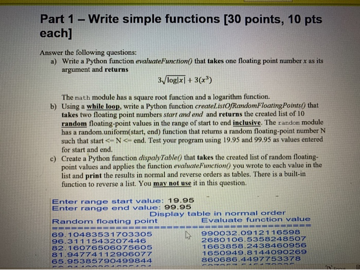 Solved Part 1 - Write simple functions (30 points, 10 pts | Chegg.com