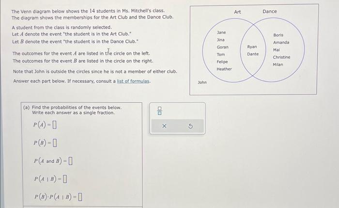 Solved The Venn diagram below shows the 14 students in Ms. | Chegg.com