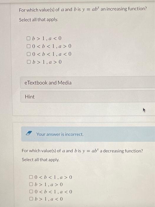 Solved For which value(s) of a and bis y = ab' an increasing | Chegg.com