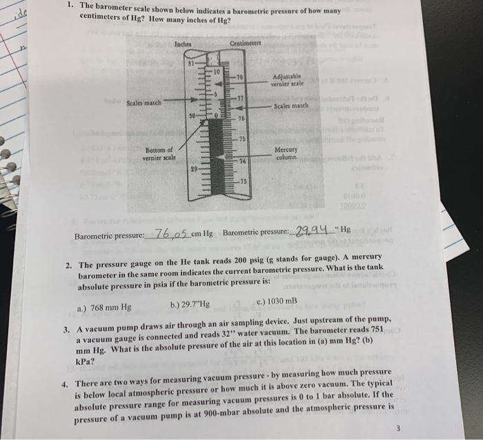 Solved 1. The bar The barometer scale shown below indicates