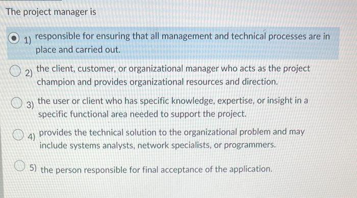 Solved The project manager is 1) responsible for ensuring | Chegg.com